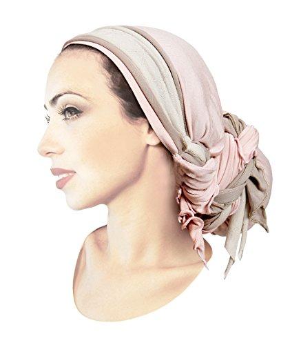 Champagne Pink Taupe Cream Head-scarf Hair-Snood Tichel Ties In Bow Bun Or Braid! (pink taupe cream - 356)