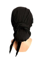 Black Boho Chic Head-scarf Tichel Embellished with Fancy Floral Applique (Black Long - 213)