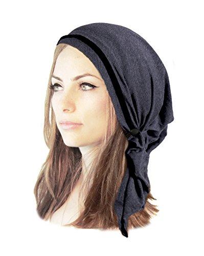 Gray Pre-tied Head-scarf Soft Cotton With Stunning Black Velvet Trim & Two Buttons! Handmade ShariRose (Gray black velvet trim short - 369)