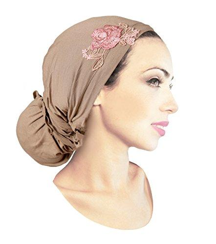 Boho Chic Beige Clay Head-scarf Tichel Embellished with Fancy Floral Applique (Beige tan clay pink long)