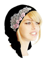 Boho Chic Black Gray Beige Head-scarf Tichel Embellished with Fancy Floral Applique (Black pink - a01)