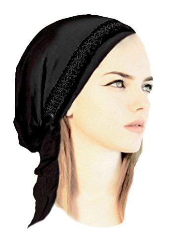 Black Pre-tied Head-scarf w/ Embroidered Velvet Trim (Black velvet embroidered trim - 277)