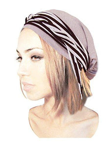 ShariRose Pre Tied Bandana Head Scarf Tichel Lightweight Long Cotton Stripe Wrap (Taupe w/ stripe)