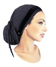 Gray Cotton Pre-tied Head-scarf Snood Tichel With Stunning Velvet Trim Detail & Two Black Buttons Handmade ShariRose (Gray black velvet trim long -368)