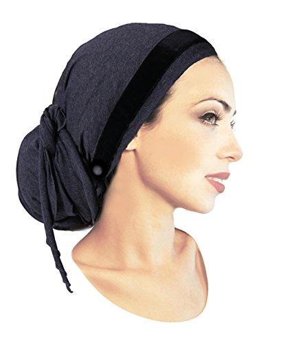 Gray Cotton Pre-tied Head-scarf Snood Tichel With Stunning Velvet Trim Detail & Two Black Buttons Handmade ShariRose (Gray black velvet trim long -368)