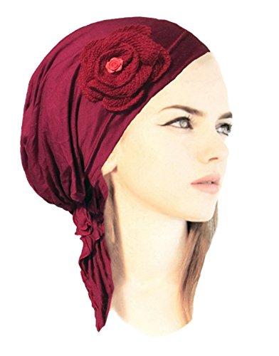 Fuchsia magenta cotton pre-tied headscarf with gorgeous knit flower and pink rose button! (Fuchsia rose)