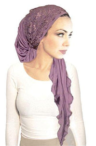 Boho Chic Lilac Head-scarf Embellished With Wide Fancy Floral Lace (Lavender long fancy wide lace - 185)