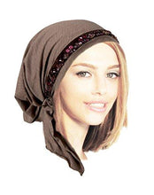 Quality Taupe Brown Pre-tied Head-scarf With Gorgeous Handmade Velvet Beaded Trim (Taupe beaded short - 311)