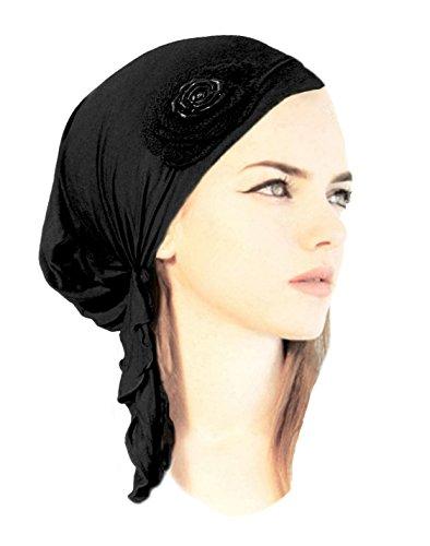 Black soft cotton pre-tied headscarf snood tichel with gorgeous knit flower and black rose button! ShariRose (Black rose)