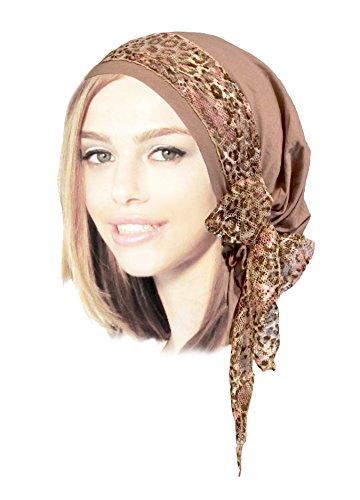 Boho Chic Head-scarf Tichel Embellished with Fancy Pink Floral Lace (Taupe headscarf floral lace)