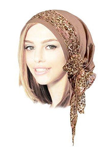 Boho Chic Head-scarf Tichel Embellished with Fancy Pink Floral Lace (Taupe headscarf floral lace)