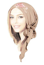 Boho Chic Beige Clay Head-scarf Tichel Embellished with Fancy Floral Applique (Beige tan clay pink long)