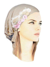 Boho Chic Beige Pink Head-scarf Tichel Embellished with Fancy Floral Applique (Beige pink - 337)