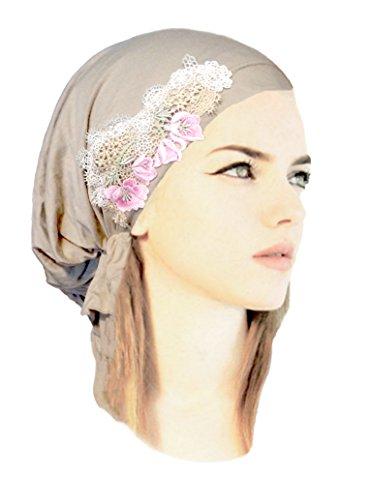 Boho Chic Beige Pink Head-scarf Tichel Embellished with Fancy Floral Applique (Beige pink - 337)