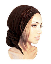 Quality Black Brown Pre-tied Head-scarf Snood Tichel w/ Embroidered Beaded Trim (Chocolate beaded long - 310)