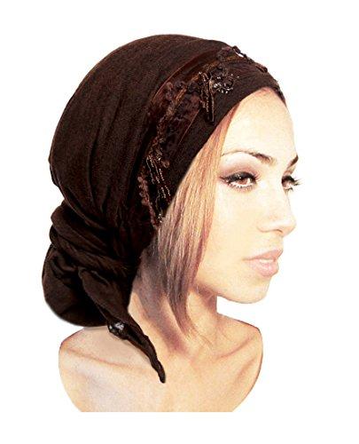 Quality Black Brown Pre-tied Head-scarf Snood Tichel w/ Embroidered Beaded Trim (Chocolate beaded long - 310)