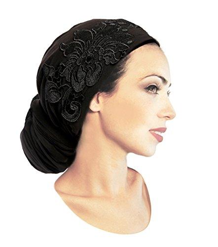 Black Boho Chic Head-scarf Tichel Embellished with Fancy Floral Applique (Black Long - 213)