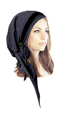 Gray Cotton Pre-tied Head-scarf Snood Tichel With Stunning Velvet Trim Detail & Two Black Buttons Handmade ShariRose (Gray black velvet trim long -368)
