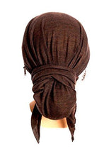 Quality Black Brown Pre-tied Head-scarf Snood Tichel w/ Embroidered Beaded Trim (Chocolate beaded long - 310)