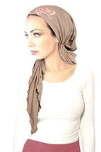 Boho Chic Beige Clay Head-scarf Tichel Embellished with Fancy Floral Applique (Beige tan clay pink long)