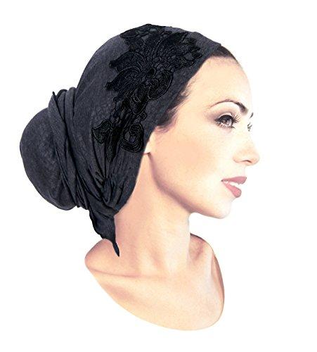 Boho Chic Black Gray Head-scarf Tichel Embellished with Fancy Floral Applique (Gray long - 211L)