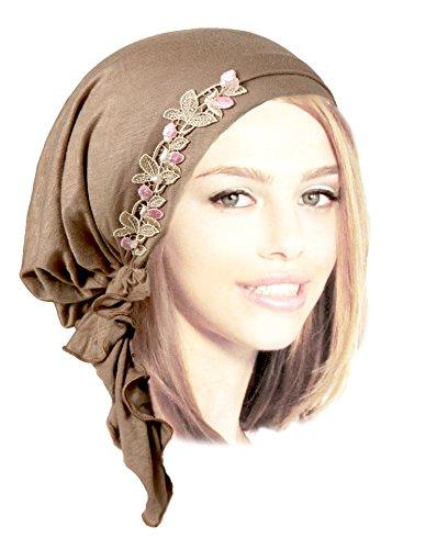 Boho Chic Black Gray Beige Head-scarf Tichel Embellished with Fancy Floral Applique (Khaki pink - 338)