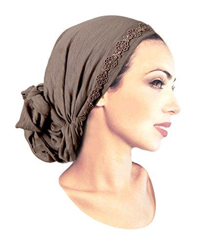 Boho Chic Taupe Brown Beige Head-scarf Embellished with Fancy Gold Taupe Floral Applique (Taupe - 217)