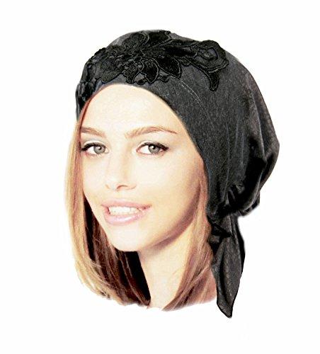 Boho Chic Black Gray Head-scarf Tichel Embellished with Fancy Floral Applique (Grey - 211)