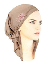 Boho Chic Soft Beige Head-scarf Tichel Embellished with Fancy Pink Floral Applique (beige tan clay pink short)