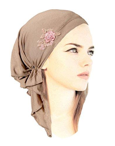 Boho Chic Soft Beige Head-scarf Tichel Embellished with Fancy Pink Floral Applique (beige tan clay pink short)