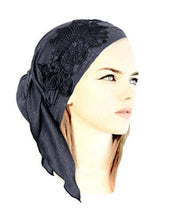 Boho Chic Black Gray Head-scarf Tichel Embellished with Fancy Floral Applique (Gray long - 211L)