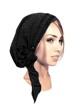 Black Pre-tied Head-scarf w/ Embroidered Velvet Trim (Black velvet embroidered trim - 277)