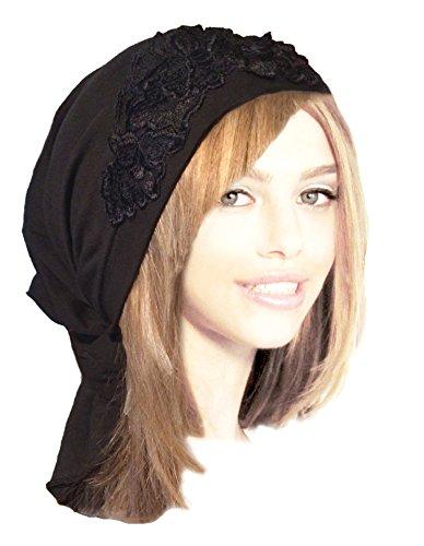 Boho Chic Black Grey Head-scarf Tichel Fancy Floral Applique (Black - 332)