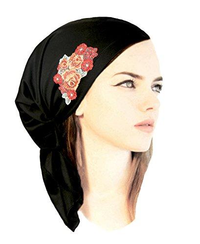 Boho Chic Black Head-scarf Tichel Embellished with Fancy Floral Applique (Black jersey red green floral)