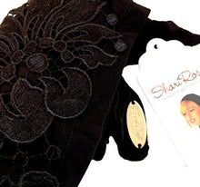 Black Boho Chic Head-scarf Tichel Embellished with Fancy Floral Applique (Black Long - 213)