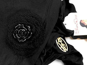 Black soft cotton pre-tied headscarf snood tichel with gorgeous knit flower and black rose button! ShariRose (Black rose)