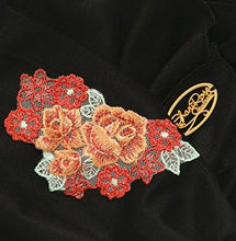 Boho Chic Black Head-scarf Tichel Embellished with Fancy Floral Applique (Black jersey red green floral)