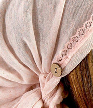 Soft Pink Head-scarf Chemo Tichel Embellished with Vintage Lace Coconut Buttons (Champagne baby pink long - 372)