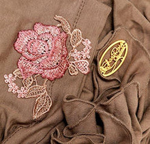 Boho Chic Beige Clay Head-scarf Tichel Embellished with Fancy Floral Applique (Beige tan clay pink long)