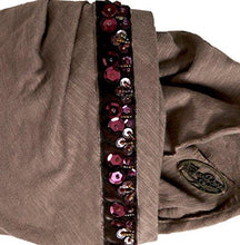 Quality Taupe Brown Pre-tied Head-scarf With Gorgeous Handmade Velvet Beaded Trim (Taupe beaded short - 311)