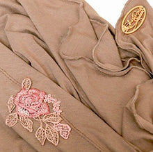 Boho Chic Soft Beige Head-scarf Tichel Embellished with Fancy Pink Floral Applique (beige tan clay pink short)