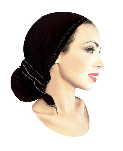 Black Silver Pre-tied Head-scarf Tichel Cotton Boho Chic Stunning Metallic Detail! (Black silver long - 347)