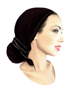 Black Silver Pre-tied Head-scarf Tichel Cotton Boho Chic Stunning Metallic Detail! (Black silver long - 347)