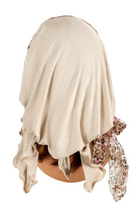 Boho Chic Beige Head-scarf Tichel Embellished with Fancy Pink Floral Lace (Beige headscarf floral lace)