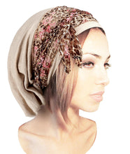 Boho Chic Beige Head-scarf Tichel Embellished with Fancy Pink Floral Lace (Beige headscarf floral lace)