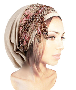 Boho Chic Beige Head-scarf Tichel Embellished with Fancy Pink Floral Lace (Beige headscarf floral lace)