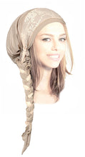 Taupe Head-scarf Hair-Snood Tichel Embellished with Pink Floral Lace Boho Chic - 021