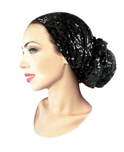 Black Boho Chic Pre-tied Head-scarf Tichel Headwear Sparkle Bandana Sequins - 008