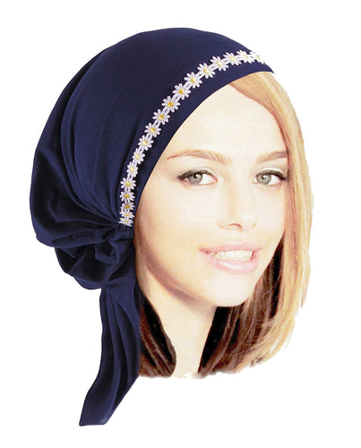 Pre-tied Head-scarf Headcovering Snood Tichel With Your Choice Of Stunning Trim Detail: Handmade By ShariRose (Navy blue white daisies)