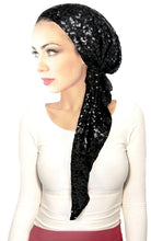 Black Tichel Head-scarf Pre-tied Headwear Super Sparkle Fancy Occassions Bandana - 007